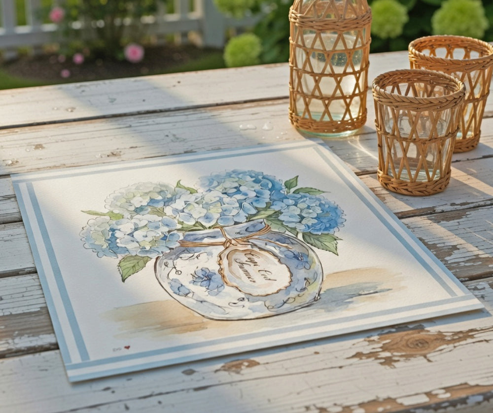 Hydrangea Ginger Jar Art Print Cape Cod Coastal Decor Mini Brass Frame New England Beach House Wall Art
