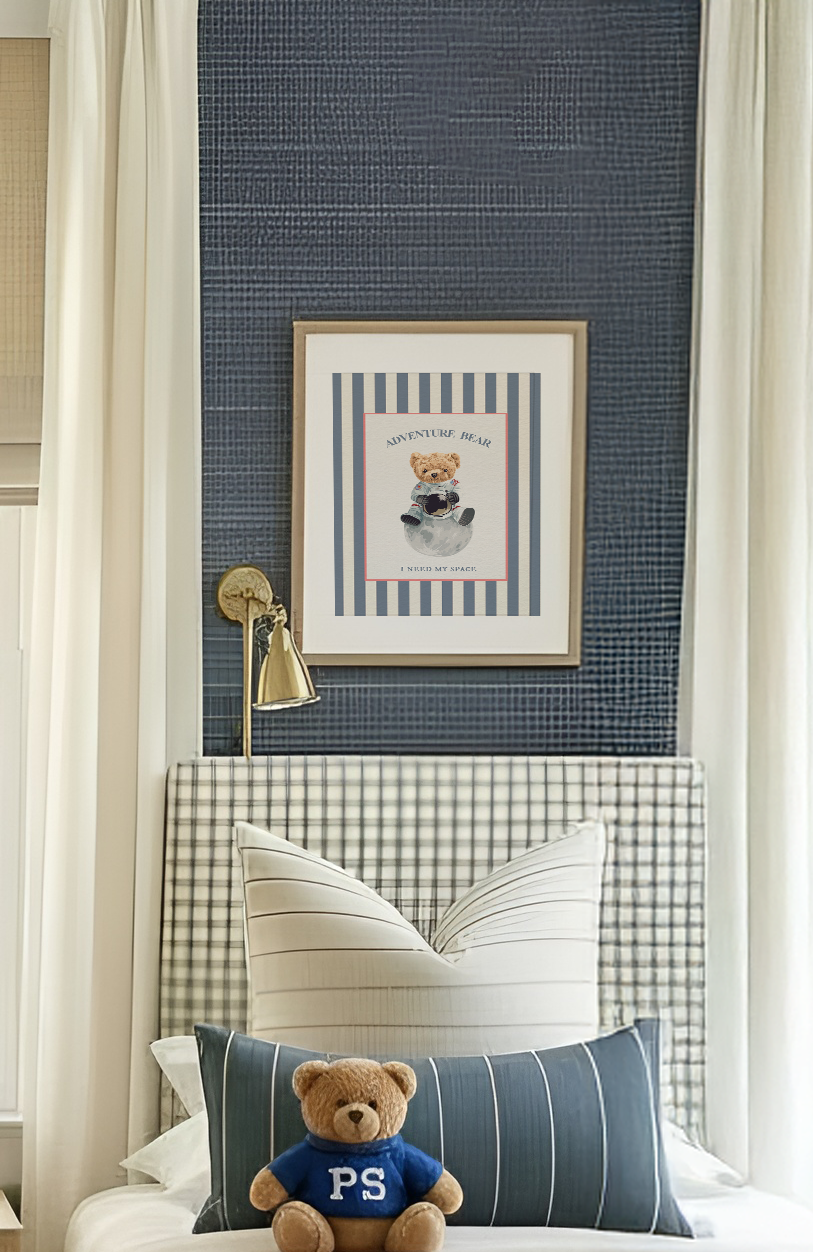 Adventure Bear Print Astronaut Striped Wall Art