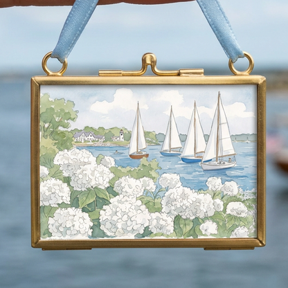 Nantucket Harbor Sailboat Watercolor Art Mini Brass Hanging Frame White Hydrangea Coastal Wall Art