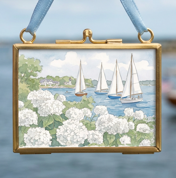 Nantucket Harbor Sailboat Watercolor Art Mini Brass Hanging Frame White Hydrangea Coastal Wall Art