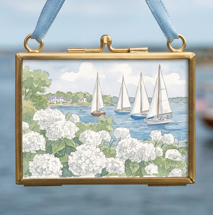 Nantucket Harbor Sailboat Watercolor Art Mini Brass Hanging Frame White Hydrangea Coastal Wall Art