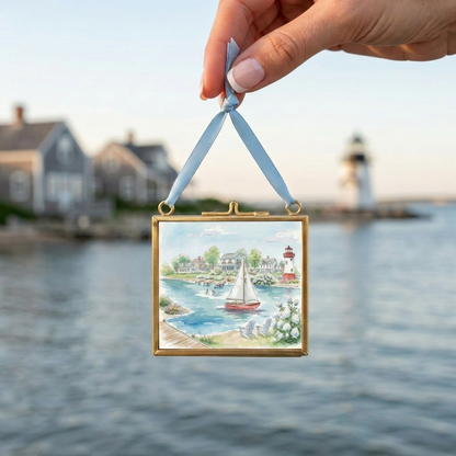 New England Art Print Coastal Watercolor Mini Brass Hanging Frame Wall Decor