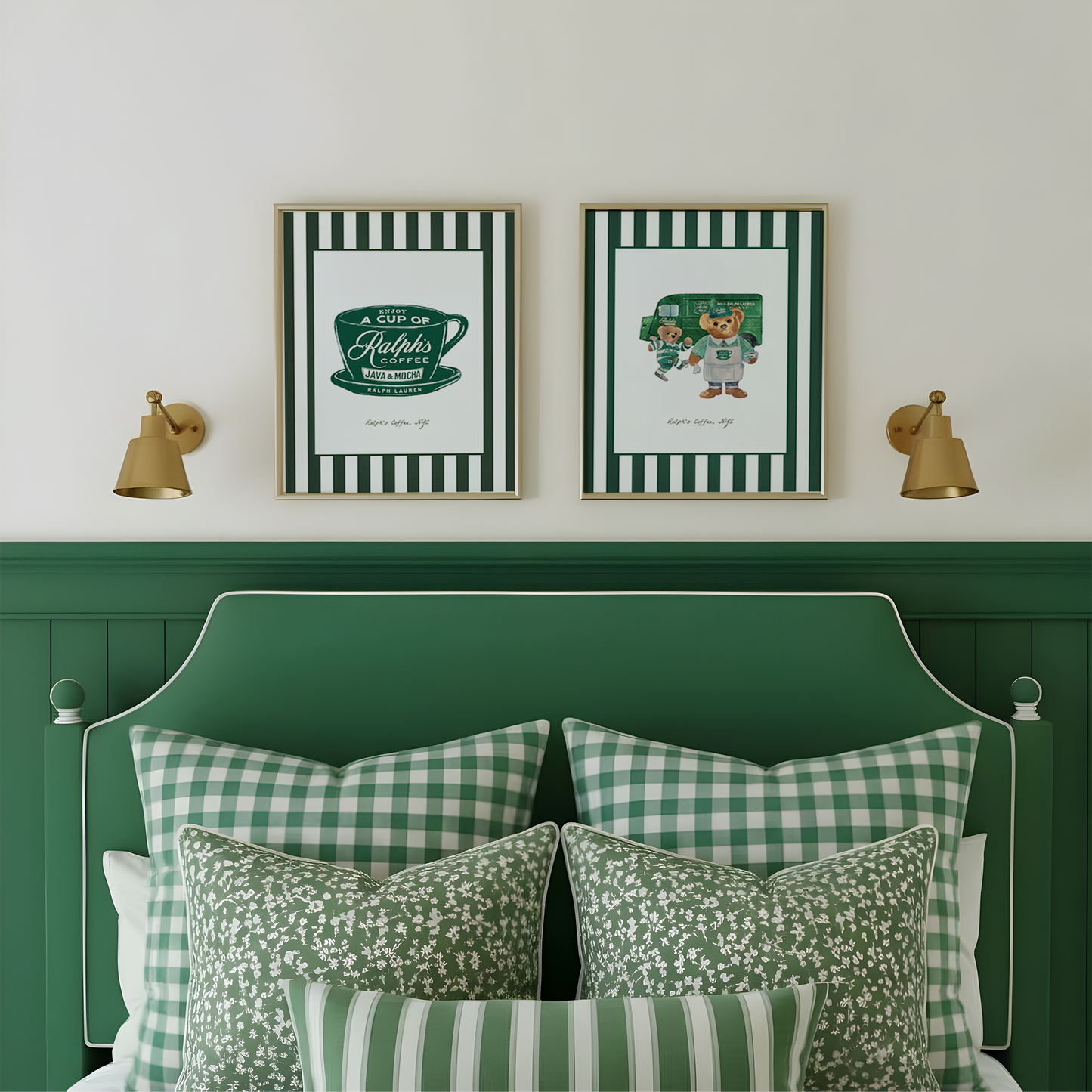 SET OF 2  Ralph's Coffee Bear Illustration Striped Wall Art  - LIMITED EDITION