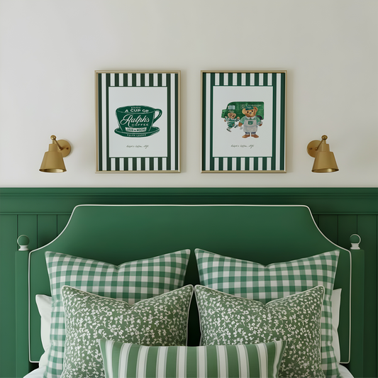 SET OF 2  Ralph's Coffee Bear Illustration Striped Wall Art  - LIMITED EDITION