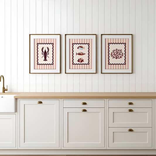 Set of 3 Coastal Prints, LA MER Collection, Lobster, Coral and Sardines