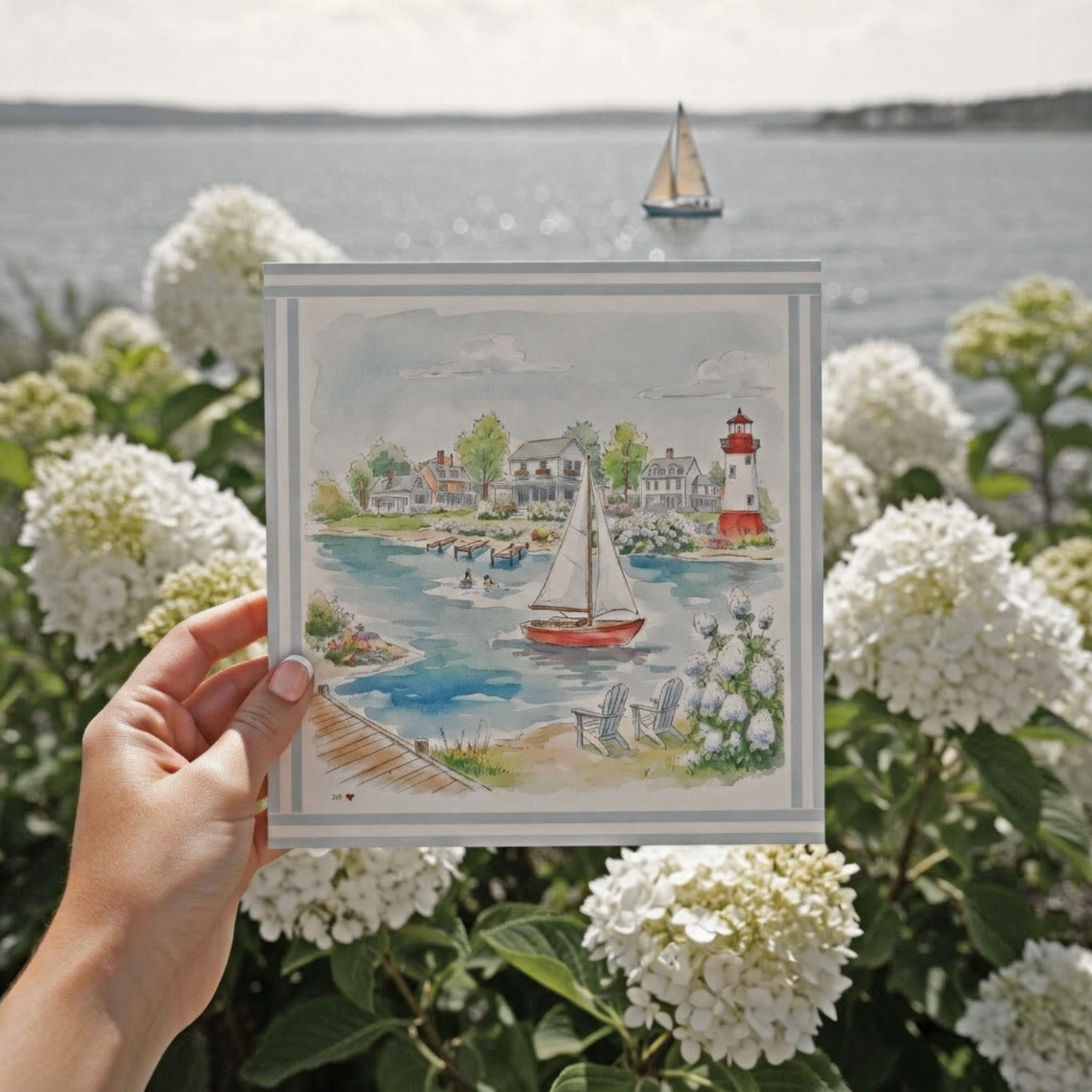 New England Art Print Coastal Watercolor Mini Brass Hanging Frame Wall Decor
