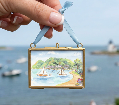 Cape Cod Coastal Wall Art Mini Brass Hanging Frame Saltwater Summer Watercolor Print Nautical Beach House Decor