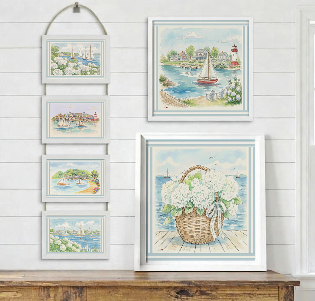 4 x Coastal Wall Hanging Wooden Picture Frames 5 x 7" Nantucket Artwork New England Coastal Living
