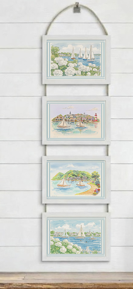 4 x Coastal Wall Hanging Wooden Picture Frames 5 x 7" Nantucket Artwork New England Coastal Living