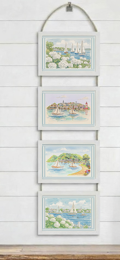 4 x Coastal Wall Hanging Wooden Picture Frames 5 x 7" Nantucket Artwork New England Coastal Living