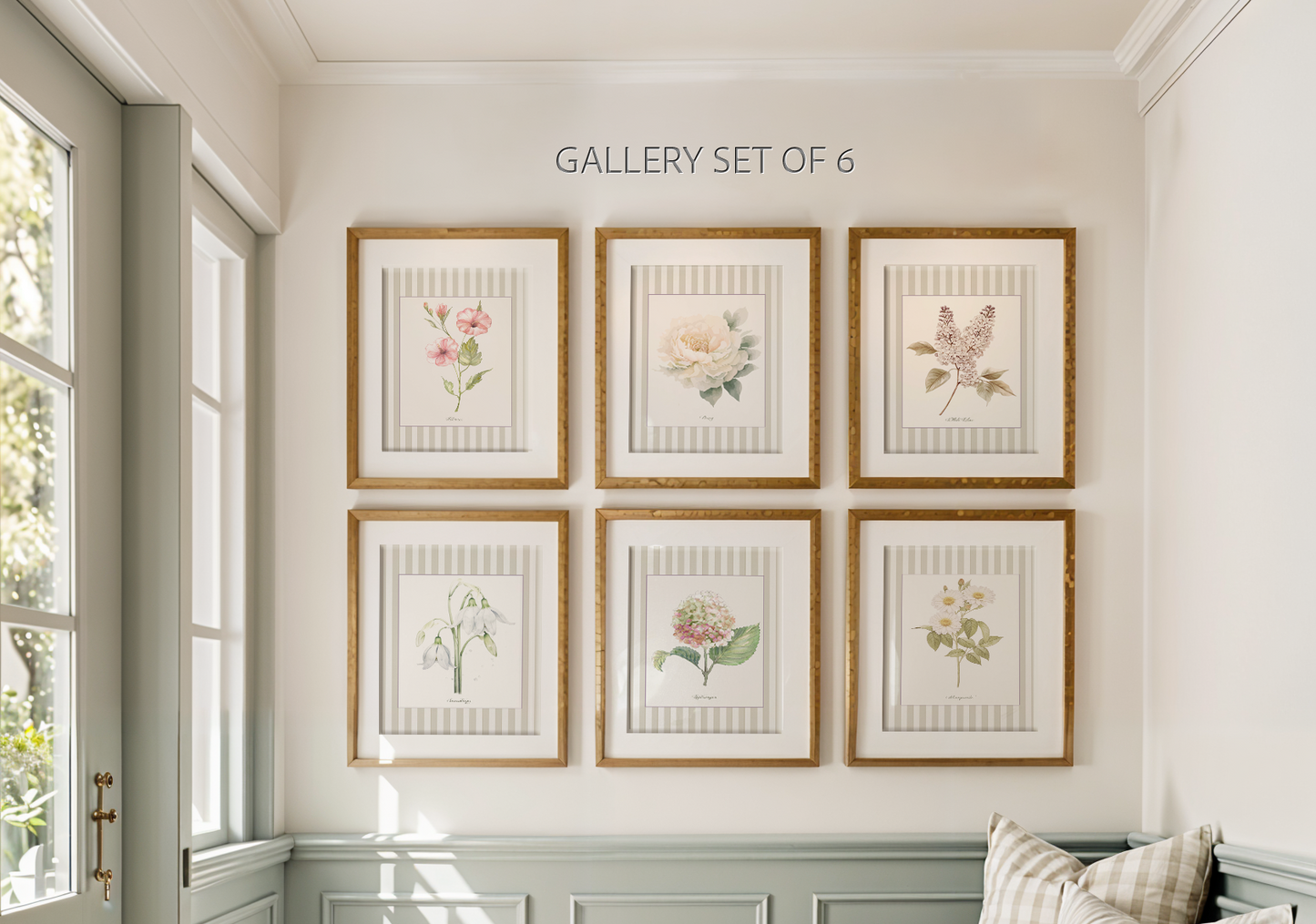 Floral Gallery Set of 6, Botanical Watercolor Illustrations, Snowdrops, Hibiscus, Peony, Hydrangea, White Lilac, Marguerite