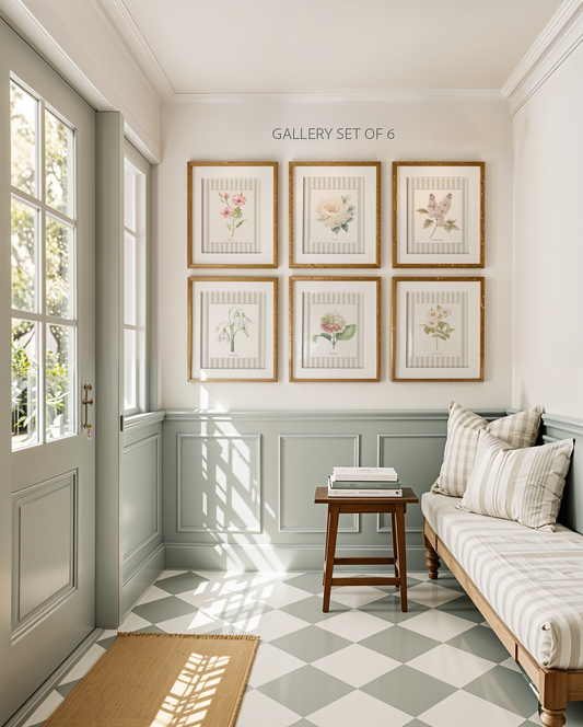 Floral Gallery Set of 6, Botanical Watercolor Illustrations, Snowdrops, Hibiscus, Peony, Hydrangea, White Lilac, Marguerite