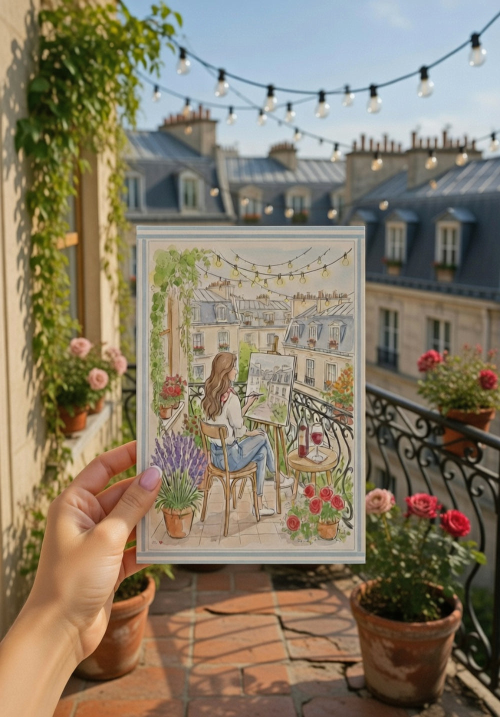 Parisian Balcony Painting Whimsical Paris Art Print with Fairy Lights & Haussmann Architecture
