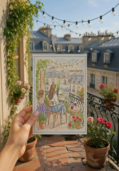 Parisian Balcony Painting Whimsical Paris Art Print with Fairy Lights & Haussmann Architecture