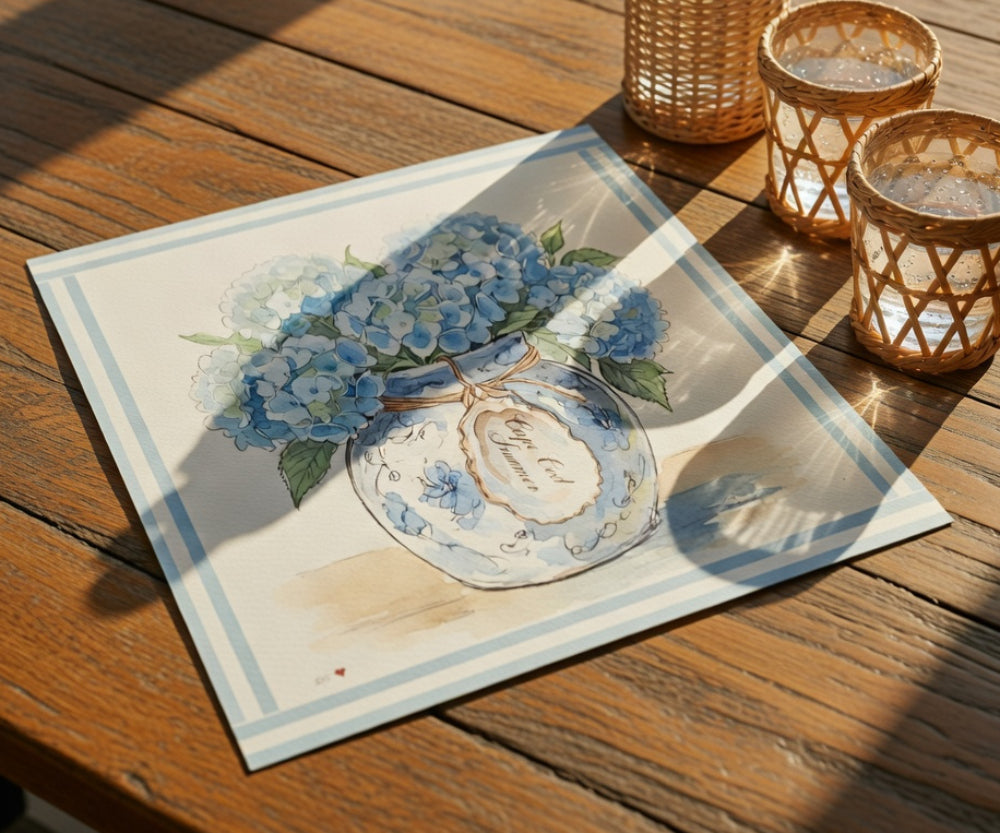 Hydrangea Ginger Jar Art Print Cape Cod Coastal Decor Mini Brass Frame New England Beach House Wall Art