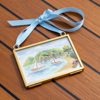 Cape Cod Coastal Wall Art Mini Brass Hanging Frame Saltwater Summer Watercolor Print Nautical Beach House Decor