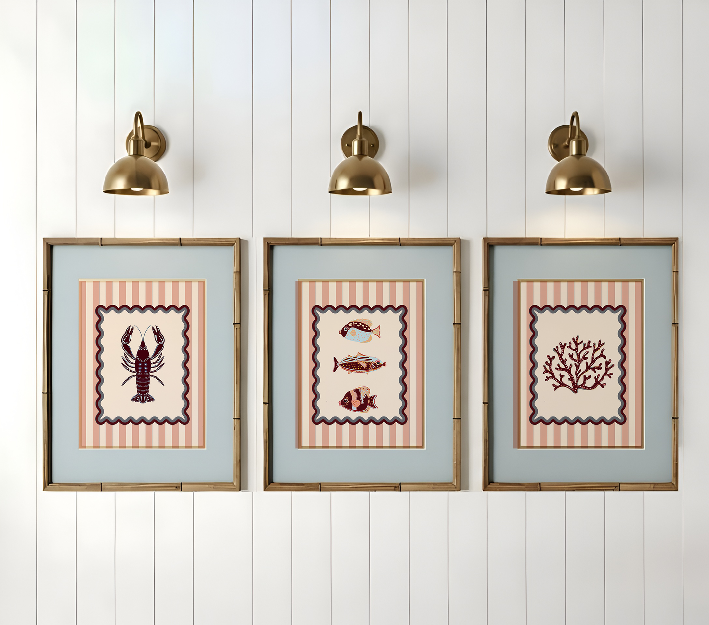 Set of 3 Coastal Prints, LA MER Collection, Lobster, Coral and Sardines