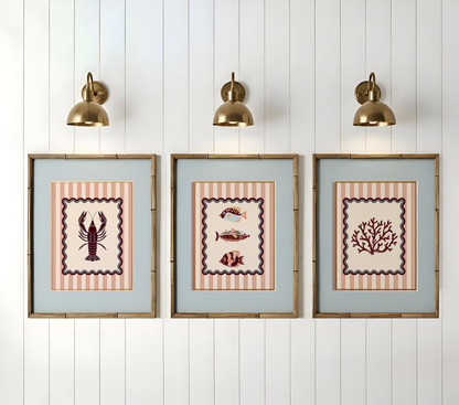 Set of 3 Coastal Prints, LA MER Collection, Lobster, Coral and Sardines