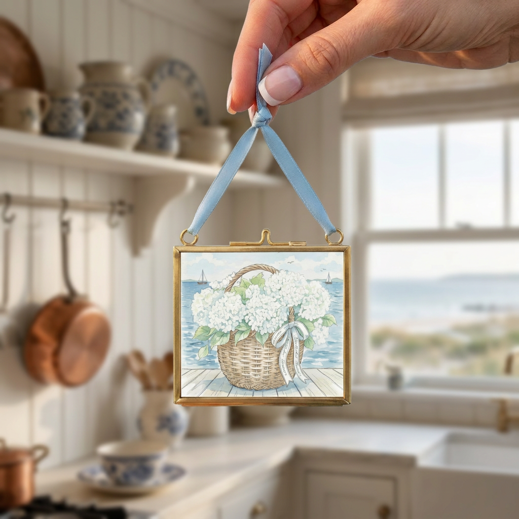 Nantucket Basket Watercolor Print Hydrangea Artwork Mini Brass Frame Coastal Wall Art