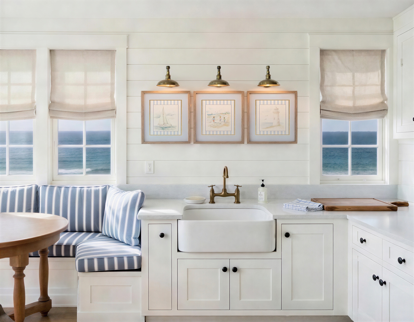 Coastal Watercolor Wall Art Set of 3 Lighthouse, Sailboat & Beach Prints Blue and White Artwork