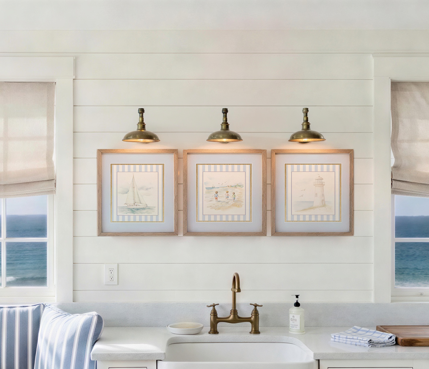 Coastal Watercolor Wall Art Set of 3 Lighthouse, Sailboat & Beach Prints Blue and White Artwork