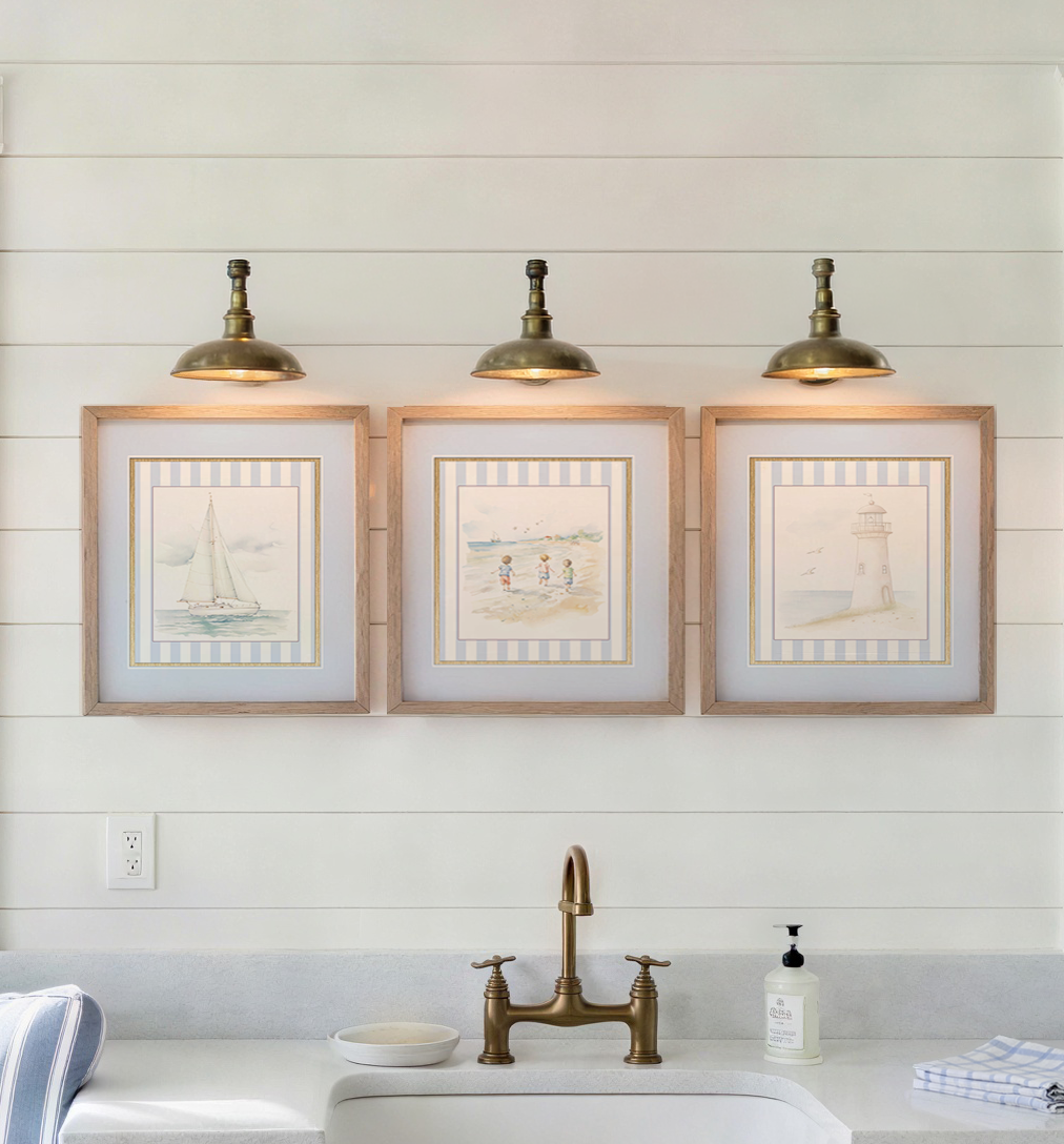 Coastal Watercolor Wall Art Set of 3 Lighthouse, Sailboat & Beach Prints Blue and White Artwork