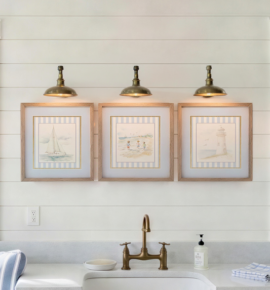 Coastal Watercolor Wall Art Set of 3 Lighthouse, Sailboat & Beach Prints Blue and White Artwork