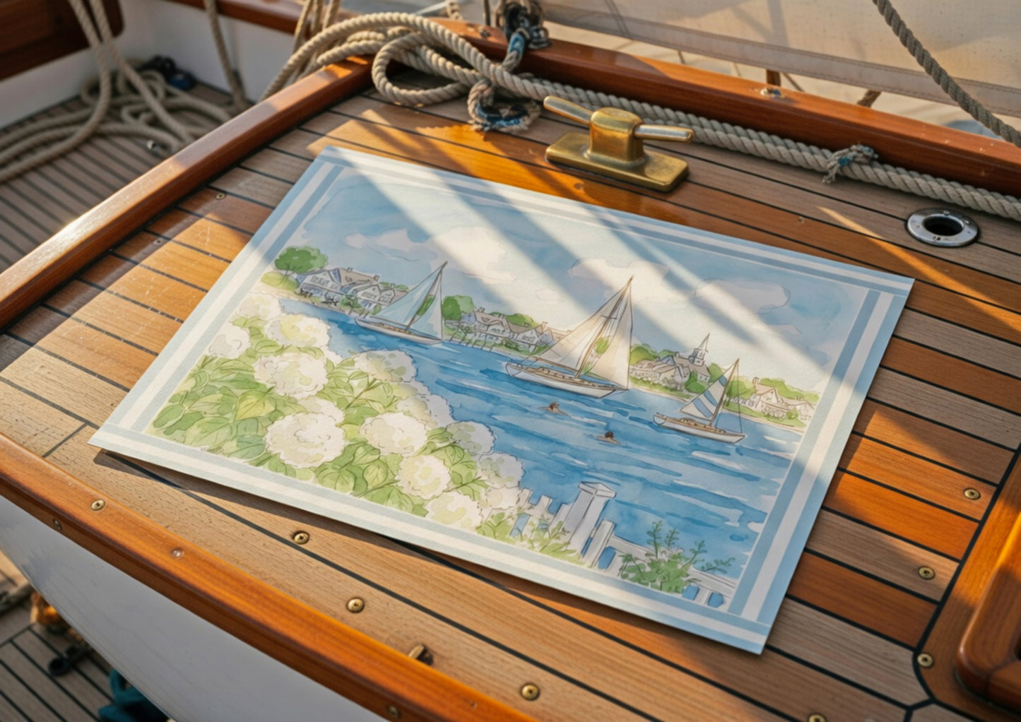 Seaside New England Watercolor Print Mini Brass Frame Coastal Wall Art