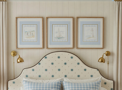 Coastal Watercolor Wall Art Set of 3 Lighthouse, Sailboat & Beach Prints Blue and White Artwork