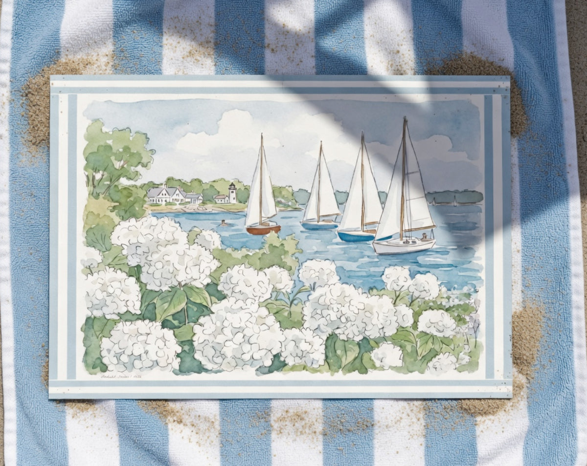 Nantucket Harbor Sailboat Watercolor Art Mini Brass Hanging Frame White Hydrangea Coastal Wall Art