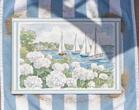 Nantucket Harbor Sailboat Watercolor Art White Hydrangea Coastal Wall Art Nantucket Harbor Artwork
