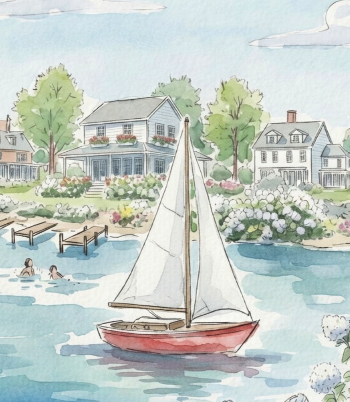 New England Art Print Coastal Watercolor Wall Decor Lighthouse, Sailboat & Beach House Artwork