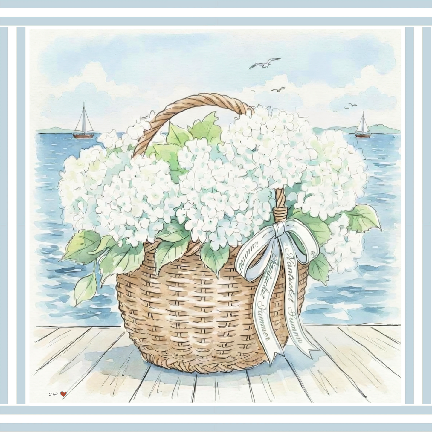 Nantucket Basket Watercolor Print Hydrangea Artwork Coastal Wall Art Sailboat  Beach House Decor New England Art