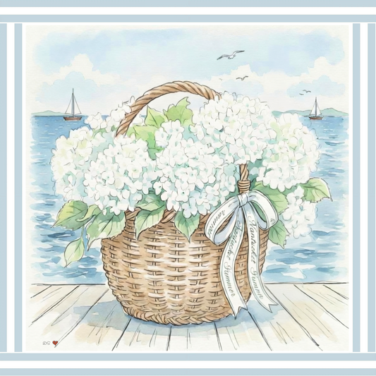 Nantucket Basket Watercolor Print Hydrangea Artwork Coastal Wall Art Sailboat  Beach House Decor New England Art