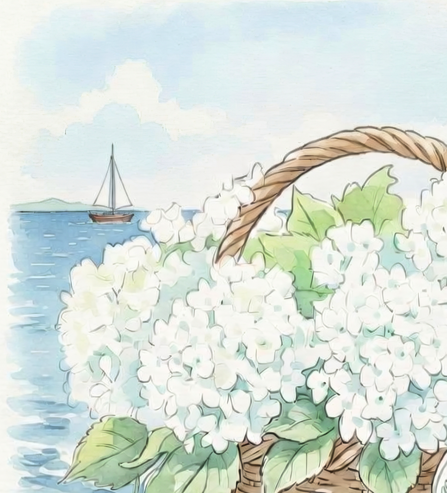 Nantucket Basket Watercolor Print Hydrangea Artwork Coastal Wall Art Sailboat  Beach House Decor New England Art