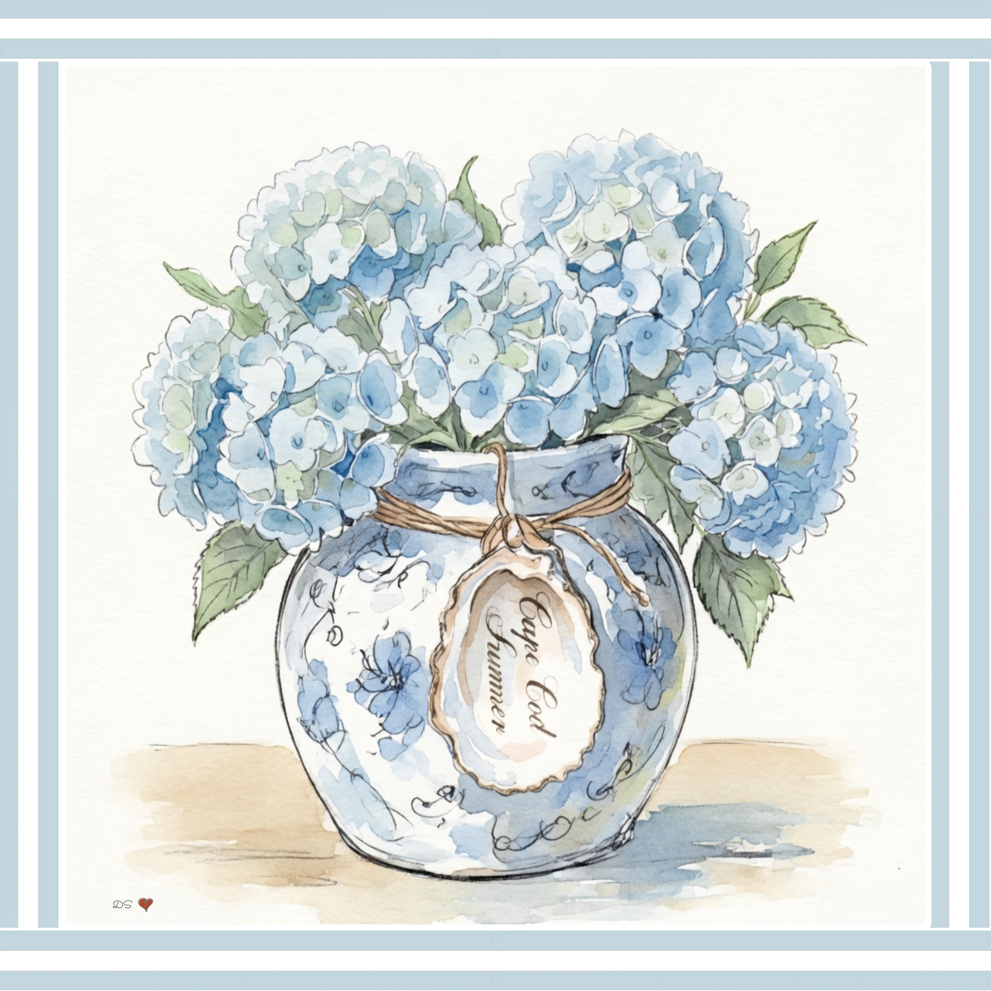 Hydrangea Ginger Jar Art Print Cape Cod Coastal Decor Mini Brass Frame New England Beach House Wall Art