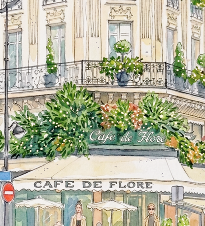An Afternoon at Café de Flore Paris Café Wall Art Print | Saint-Germain Watercolor & Ink Illustration