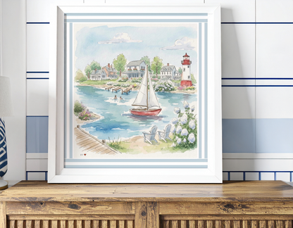 New England Art Print Coastal Watercolor Wall Decor Lighthouse, Sailboat & Beach House Artwork