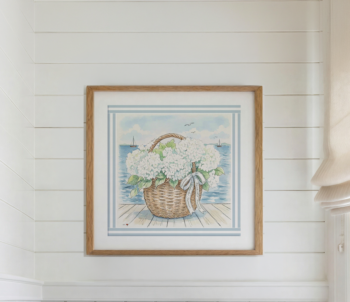 Nantucket Basket Watercolor Print Hydrangea Artwork Coastal Wall Art Sailboat  Beach House Decor New England Art