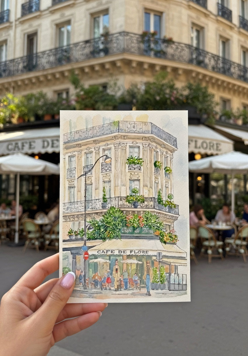 An Afternoon at Café de Flore Paris Café Wall Art Print Saint Germain Watercolor & Ink Illustration