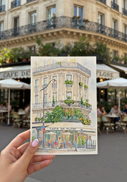 An Afternoon at Café de Flore Paris Café Wall Art Print Saint Germain Watercolor & Ink Illustration