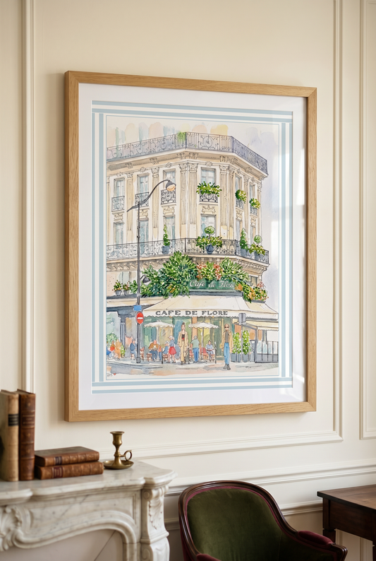 An Afternoon at Café de Flore Paris Café Wall Art Print | Saint-Germain Watercolor & Ink Illustration