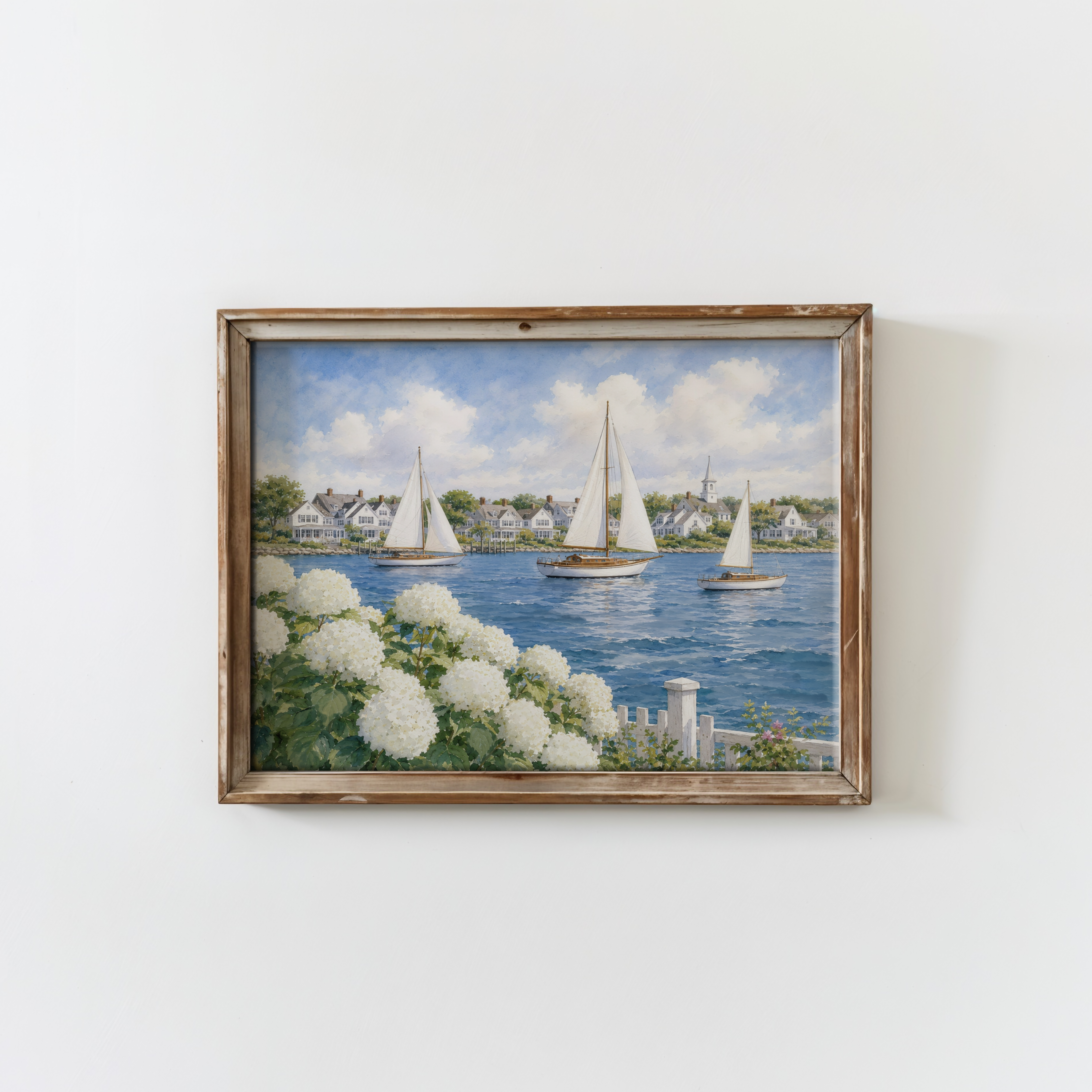 Cape Cod Harbor Illustration Hydrangea Sailboat Watercolor Print