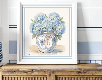 Hydrangea Ginger Jar Art Print Cape Cod Coastal Decor Mini Brass Frame New England Beach House Wall Art