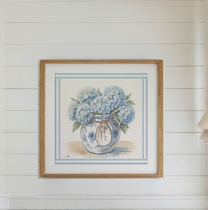Hydrangea Ginger Jar Art Print Cape Cod Coastal Decor Mini Brass Frame New England Beach House Wall Art