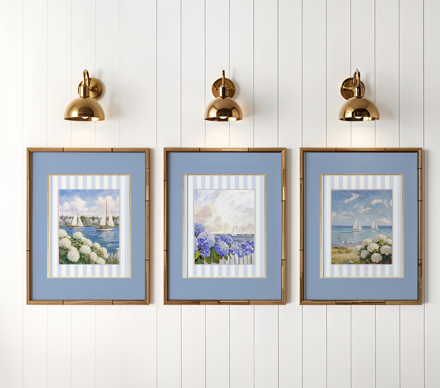 Coastal Watercolor Set of 3 with Blue Border, Nantucket Print Cape Cod Illustration Hydrangea Artwork
