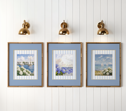 Coastal Watercolor Set of 3 with Blue Border, Nantucket Print Cape Cod Illustration Hydrangea Artwork