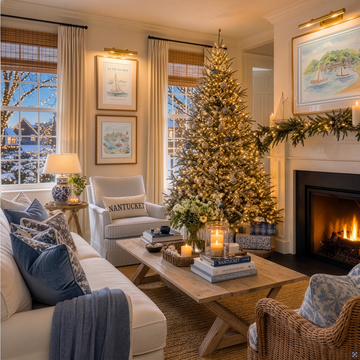 A beautifully decorated living room with a fully lit Christmas tree, cozy armchairs, a wooden coffee table with candles and books, and a fireplace with a green garland. Framed nautical art hangs on the walls, and the windows show a snowy outdoor scene with warm lights.