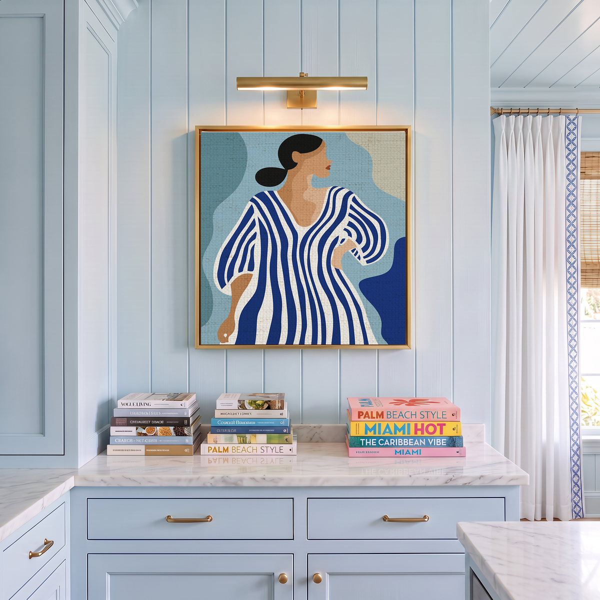 Côte d’Azur Art Print I Blue Muse Art Print I Woman in Striped Dress I Contemporary Coastal Wall Art I Blue & White Artwork, French Riviera Decor, Modern Summer Art
