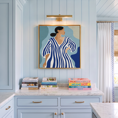 Côte d’Azur Art Print I Blue Muse Art Print I Woman in Striped Dress I Contemporary Coastal Wall Art I Blue & White Artwork, French Riviera Decor, Modern Summer Art